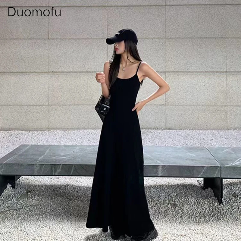 

Duomofu Black Stap Long Dress Women Streetwear Sleeveless A Line Dresses Y2K Korean Slim Sundress Summer Elegant Casual Vestidos