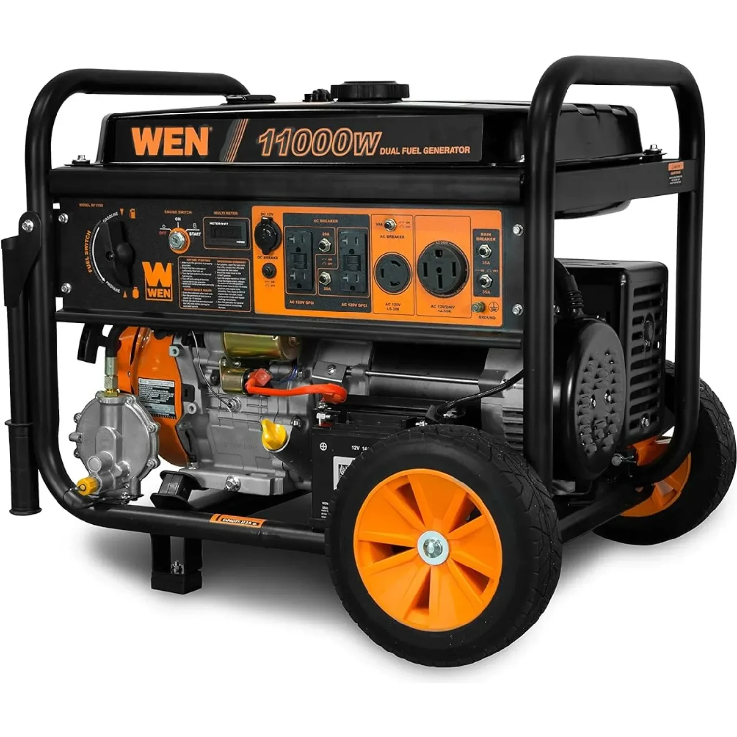WEN DF1100T 11,000-W 120V/240V Dual Fuel Portable Generator w/ Wheel Kit & Electric Start - CARB Compliant, Black | USA | NEW
WEN DF1100T 11,000-W 120V/240V Dual Fuel Portable Generator w/ Wheel Kit & Electric Start - CARB Compliant, Black | USA | NEW
