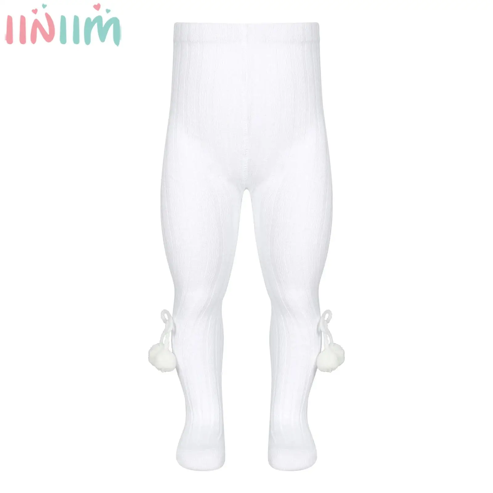 

Baby Girls Casual Ribbed Knitted Pantyhose Full-Footed Bow Pompoms Tights Stretchy Leggings Autumn Winter Warm Underwear Pants