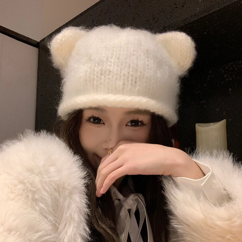 

Women Spring Soft Warm Cute Bear Ears Knitted Beanie Hat Plush Hand Crochet Warm Wool Hat Female