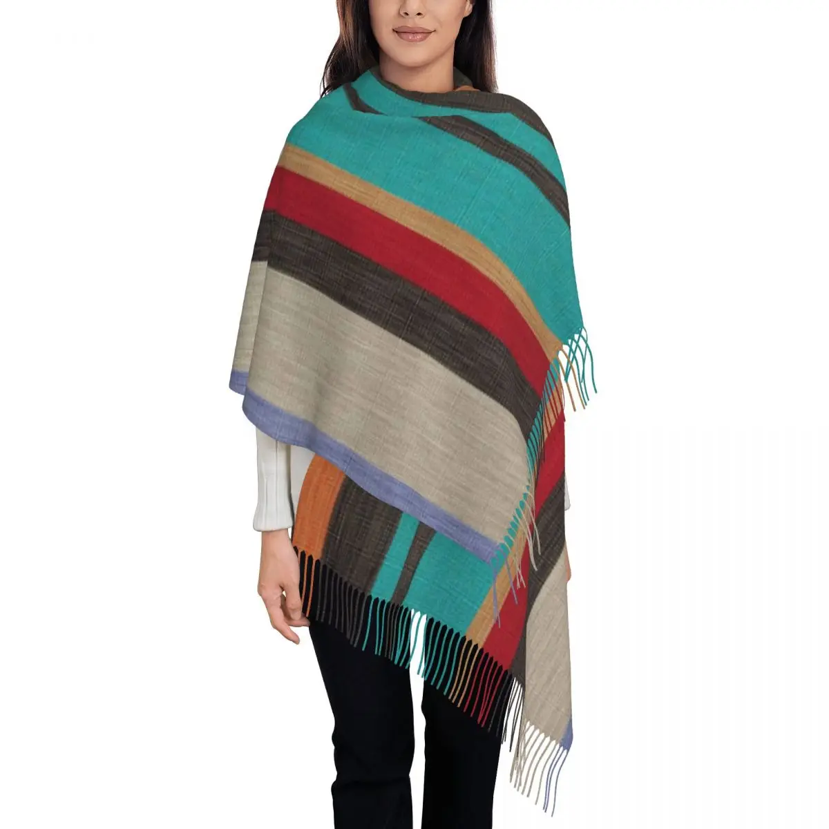 

Colorful Bohemian Fabric Stripes Texture Tassel Scarf Women Soft Geometric Lines Shawl Wrap Lady Winter Scarves