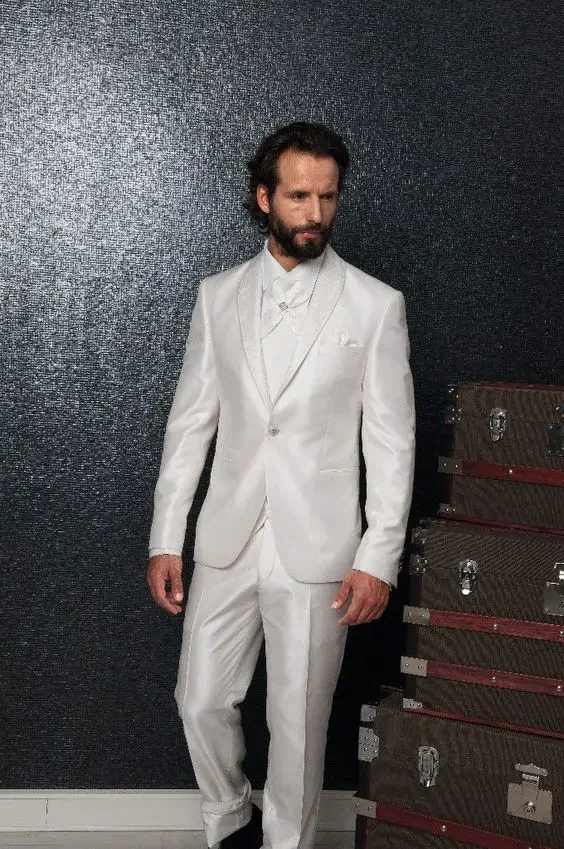

Italian White Satin Men Suit Shawl Lapel Wedding Suits For Men Custom Slim Fit 2 Piece Groom Tuxedo Prom Blazer Terno Masuclino