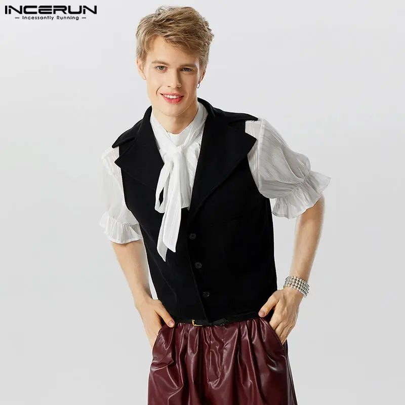 

2024 Men Vests Solid Color Lapel Sleeveless Autumn Button Up Casual Waistcoats Men Streetwear Fashion Crop Vests S-5XL INCERUN