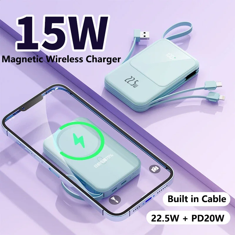 

Magnetic Wireless Power Bank 20000mAh Built in Cable PD 20W 22.5W Fast Charger for iPhone 15 14 Samsung Huawei Xiaomi Powerbank