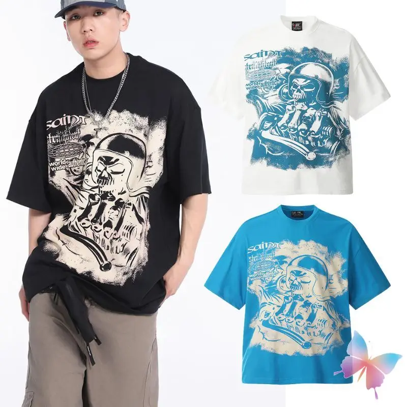 

24fw High Quality Cotton Saint Michael T-shirts Graffiti Comic Short Sleeve Hiphop Street Men Women Oversized Round Neck Tshirt