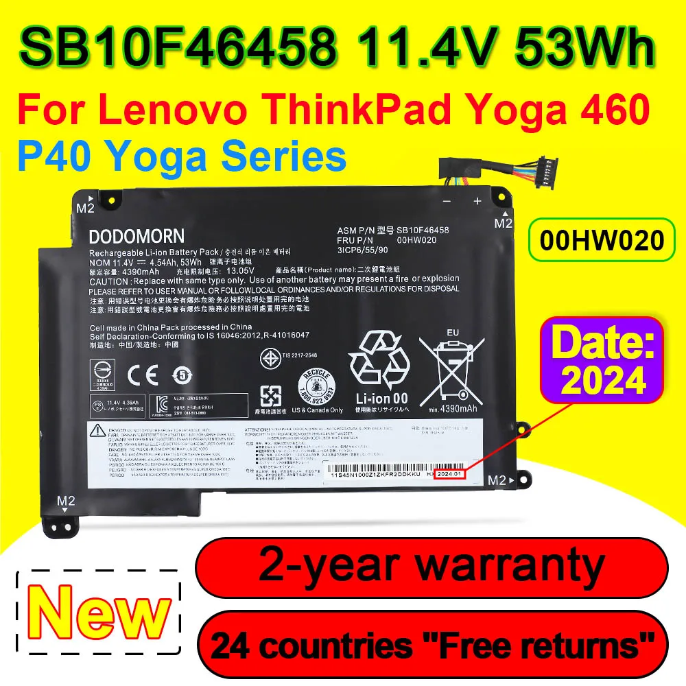 

00HW020 SB10F46458 For Lenovo ThinkPad Yoga 460/P40 Yoga 00HW021 SB10F46459 3ICP6/55/90 Laptop Battery 11.4V 53Wh 4390mAh