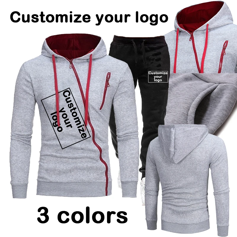 

Customized Spring and Autumn Men's Sportswear with Your Logo Diagonal Zipper Hoodie and Pants Sportswear Set Jogging Set