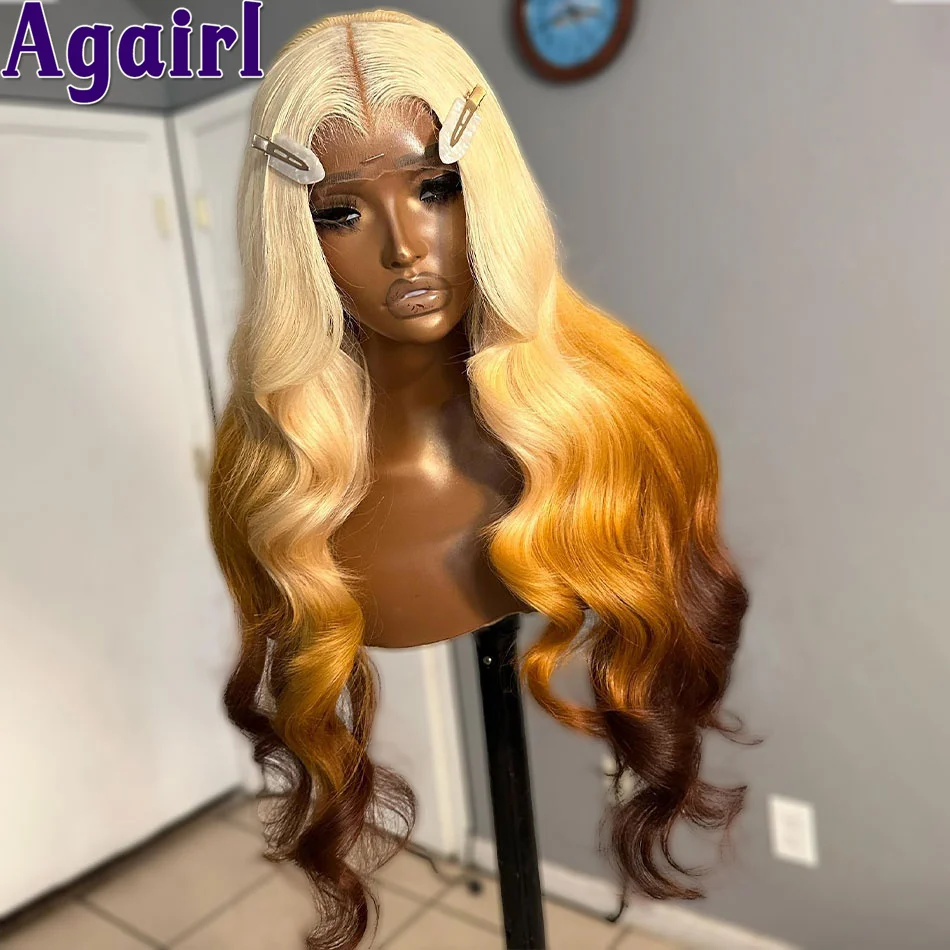 

Ombre 613 Blonde Brown 13X6 Wavy Lace Front Human Hair Wig For Women Transparent 13X4 Lace Frontal Body Wave Wig PrePlucked 200%