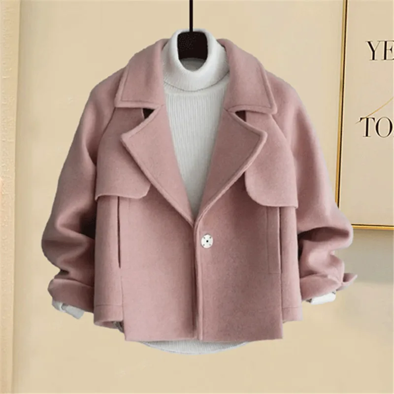 

Korean Version of Woolen Jacket Women's Autumn Winter Solid Color Slim Long-sleeved Lapel Short Nizi Coat Temperament Commuting