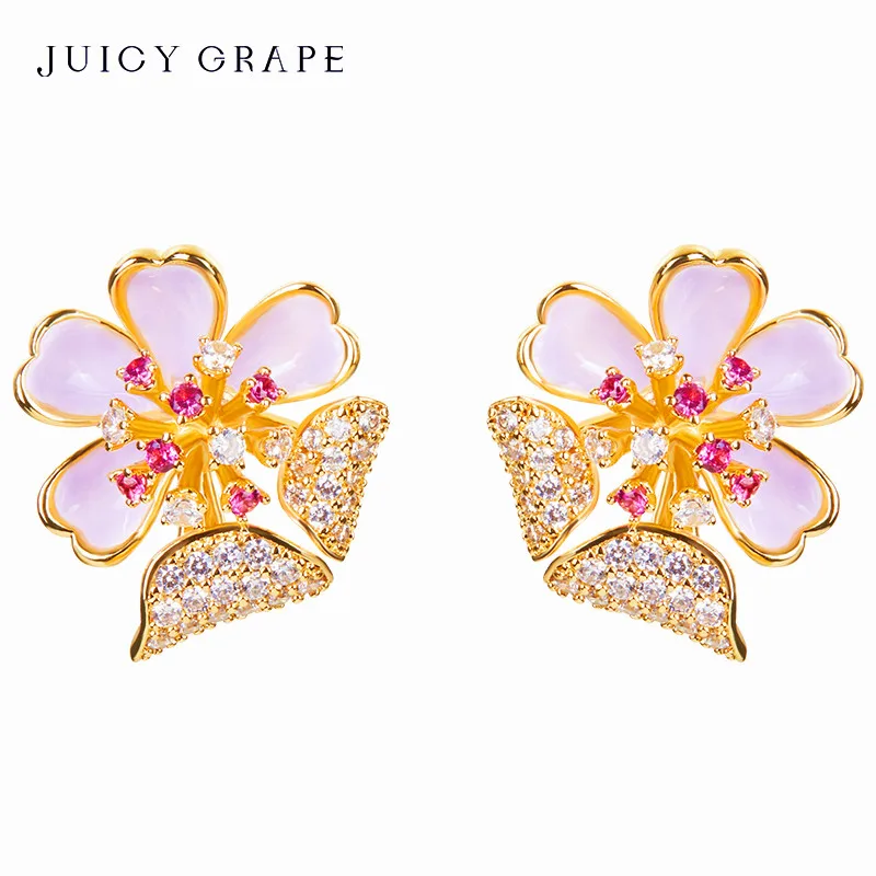 

Juicy Grape Pink Cherry Blossom Earrings 925 Sterling Silver Handmade Enamel Flower Stud Earrings 18K Plated Girl Gift