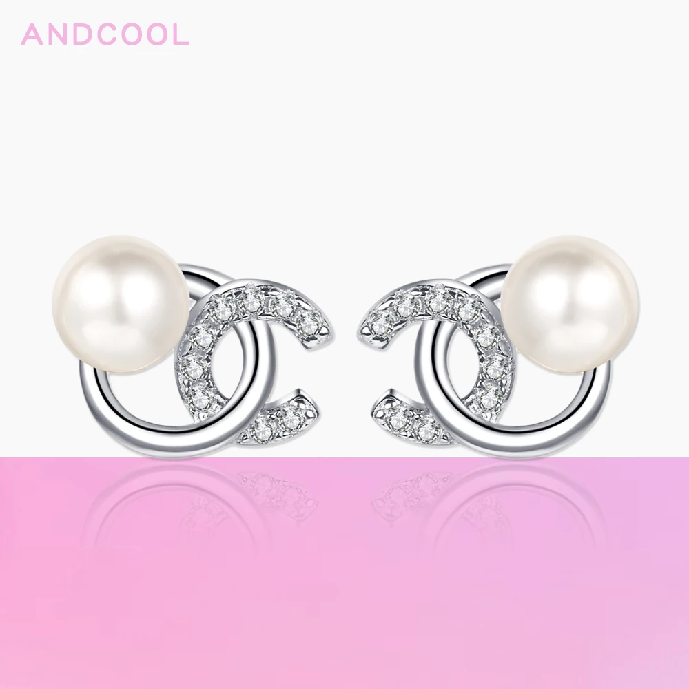 

Andcool Natural Pearl Earrings Silver 925 For Women Fashion CC Letter Moissanite Diamond Earrings Silver Girls Jewelry For Woman