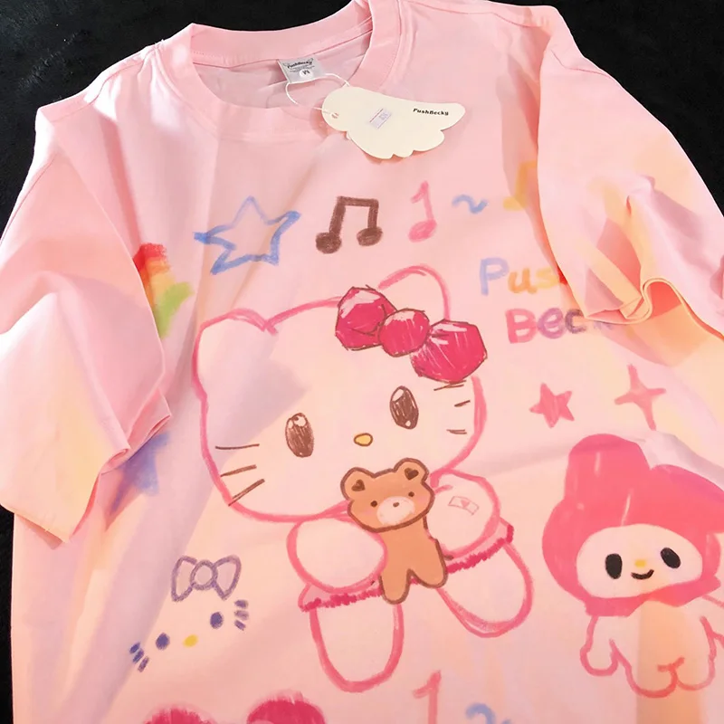 

2024 New Sanrio Hello Kittys Cartoon Tshirt Y2k Kawaii Summer Anime Printed Loose Cute Sweet Cotton Short Sleeve Girl Toys Gifts