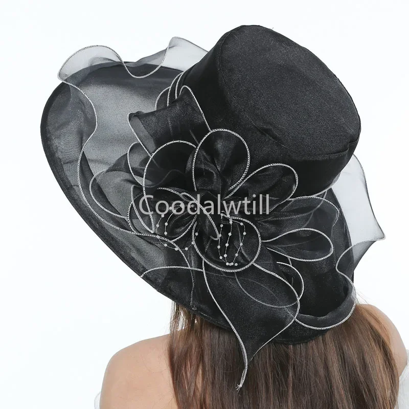 

Spring Summer Organza Beach Hat For Women Wide Beach Sun Hats Outdoor Kentucky Derby Flower Headpiece Ladies Straw Chapeau