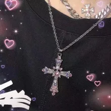 Gothic Pink Cross Necklace Y2K Purple Zircon Punk Pendant Necklace Grunge Heart Cross Necklace for Women Jewelry Accessories