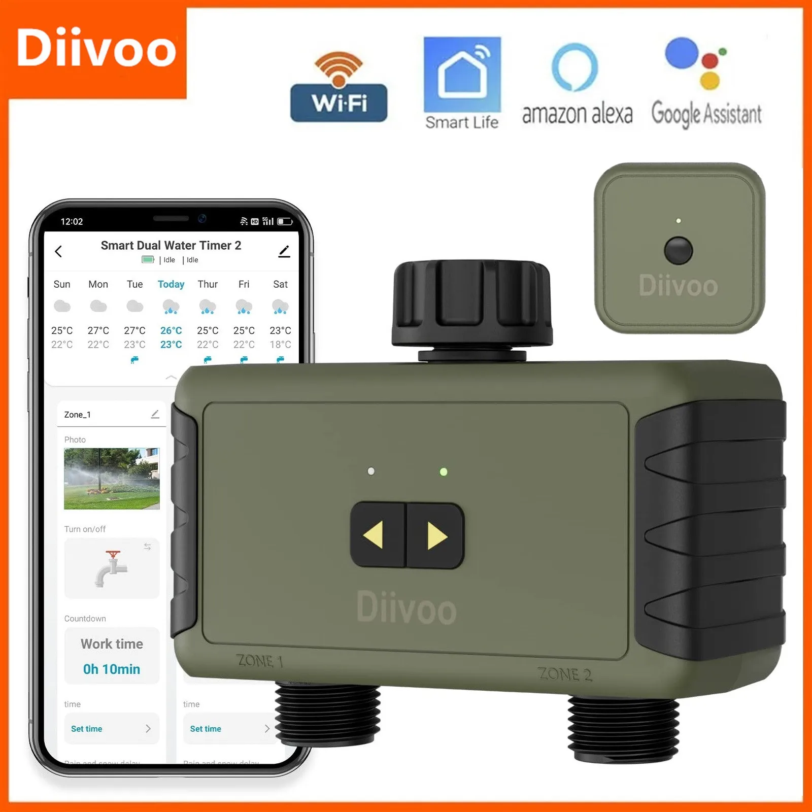 Таймер воды Diivoo с Wi-Fi, таймер для шланга с 2 зонами, совместимый с Alexa и Google Home, система орошения с дистанционным управлением
Таймер воды Diivoo с Wi-Fi, таймер для шланга с 2 зонами, совместимый с Alexa и Google Home, система орошения с дистанционным управлением