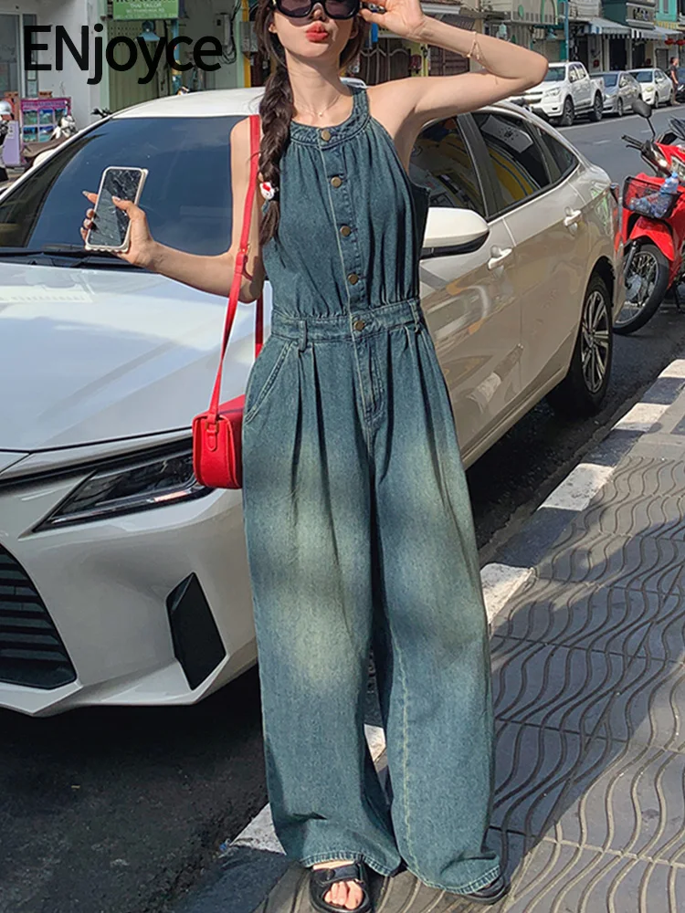 

2024 Summer Women Vintage Hanging Neck Denim Jumpsuits Y2K Streetwear Korean Fashion Jeans Playsuit Bodysuits Overalls