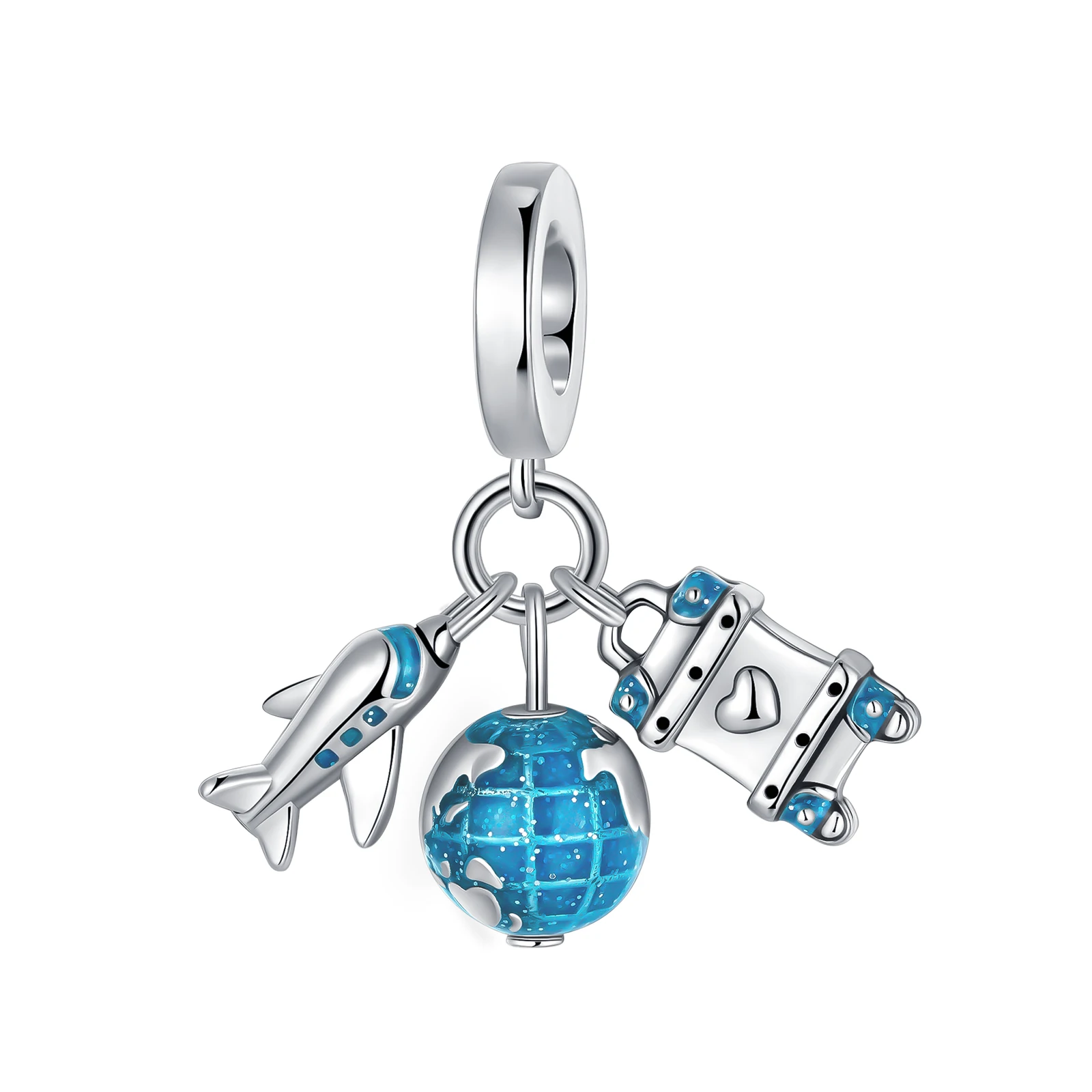 

925 Sterling Silver Aircraft Earth Luggage Love Blue Pendant Charm Fit Original Pandora Charms Bracelets Women DIY Jewelry Gift