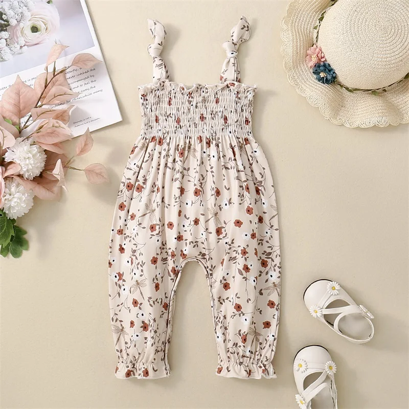 

Baby Girls Rompers Jumpsuit Tie-Up Straps Sleeveless Halter Floral Print Toddler Overalls Summer Infant Clothes