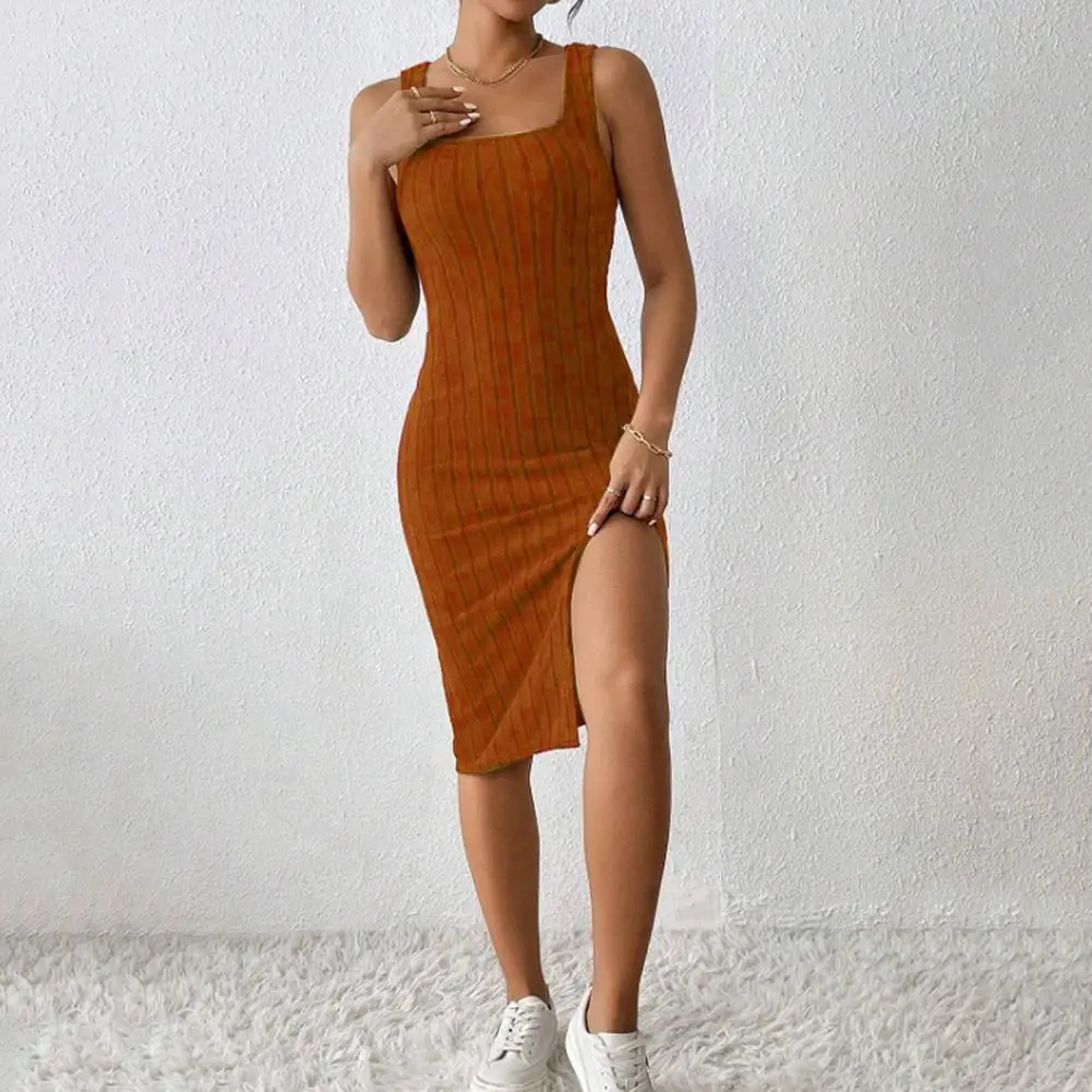 

Summer Women's Dress Square Neck Sleeveless Tight Elastic Side Slit Solid Color OL Commuter Club Party Dress