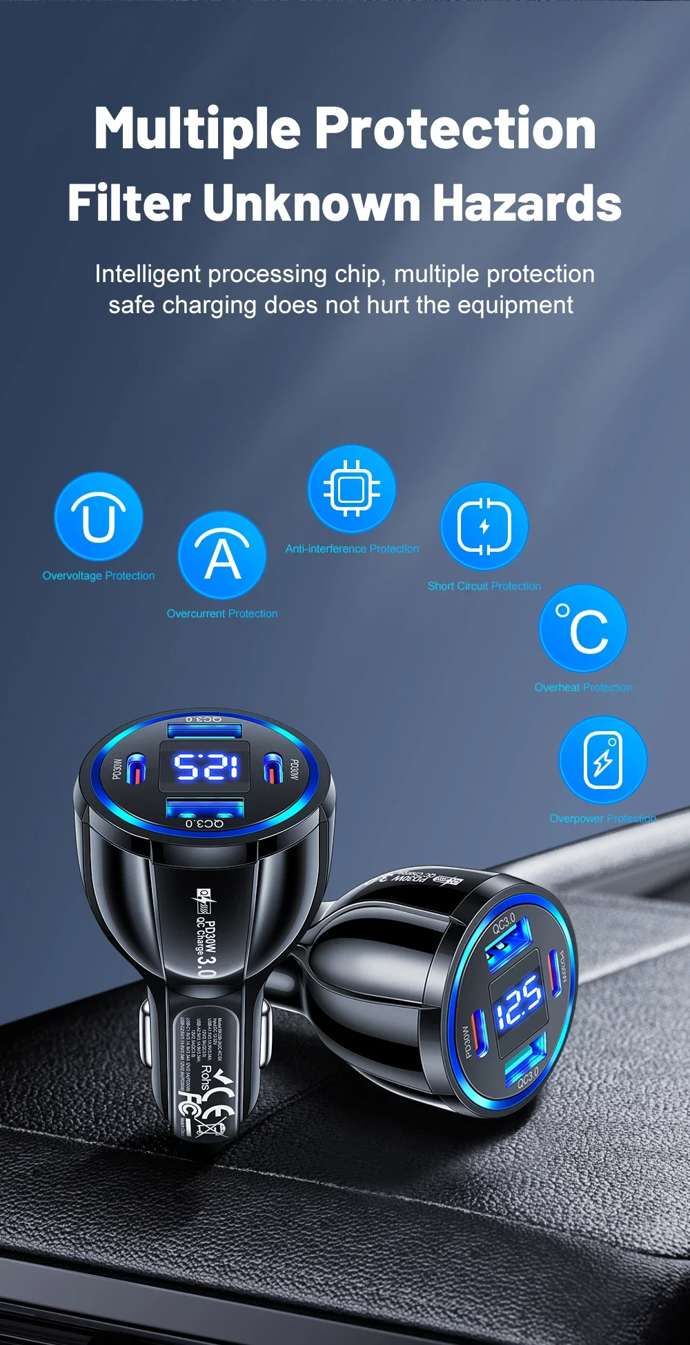 60W USB C Car Charger 4 in 1 Type C PD Fast Quick Charging Adapter with Voltage Digital Display for Mobile Phone Iphone Xiaomi 60W USB C Car Charger 4 in 1 Type C PD Fast Quick Charging Adapter with Voltage Digital Display for Mobile Phone Iphone Xiaomi