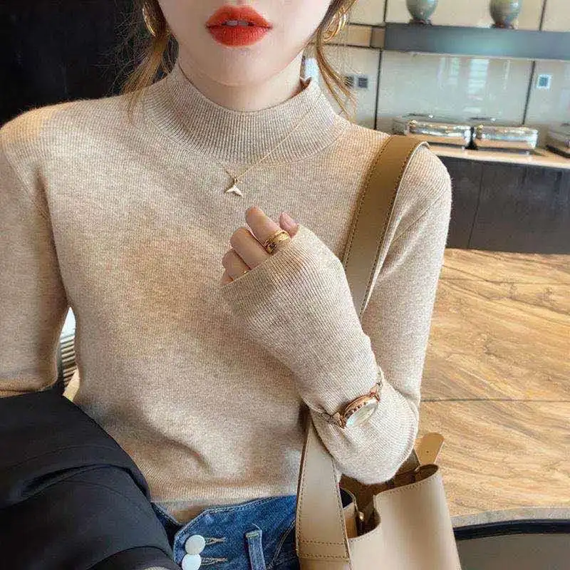 

Women's Autumn Winter Pullover Turtleneck Solid Long Sleeve Screw Thread Sweater Knitted Undershirt Fashion Casual Slim Tops