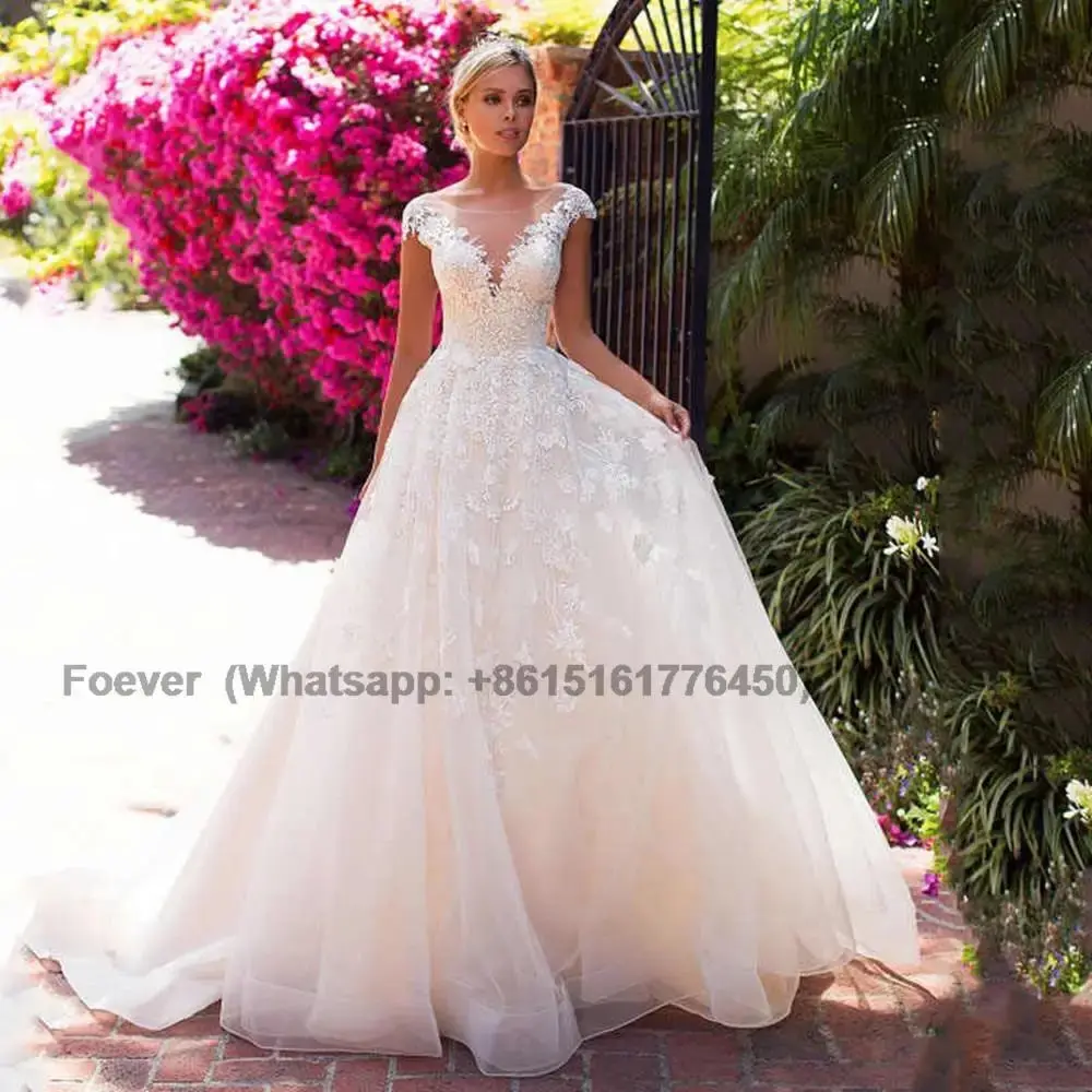 

Classic O-Neck Lace Applique Wedding Dresses Cap Sleeve Backless Tulle Bridal Gowns A-Line Elegant Court Train Vestidos De Novia