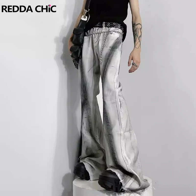 

REDDACHIC Men Ombre Raw Edge Flare Jeans Dirty Wash Gray Distressed Loose Bootcut Pants Denim Bell Bottoms Retro Y2k Streetwear