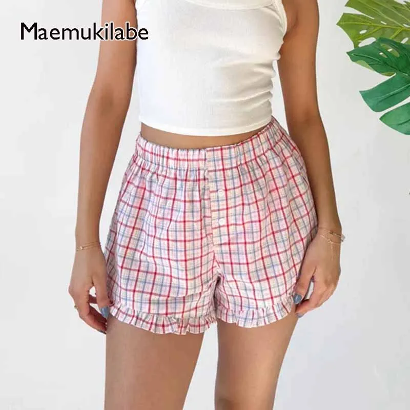 

Maemukilabe Plaid Print Pajama Shorts Elastic Loose Fit Button Lounge Shorts Kawaii Ruffles Boxer Shorts Fairy Y2K Streetwear