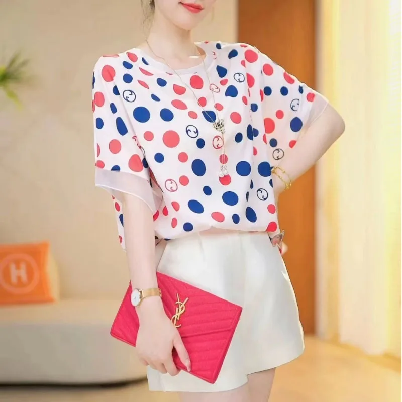 

New Women's Summer Simplicity Red and Blue Polka Dot Round Neck Spliced Gauze Fashion Casual Loose Short Sleeve Chiffon Tops