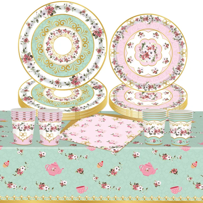 

8Guests Tea Party Disposable Tableware Pink Flowers Plates Cups Banner Napkins Girls Happy Birthday Party Decors Baby Shower