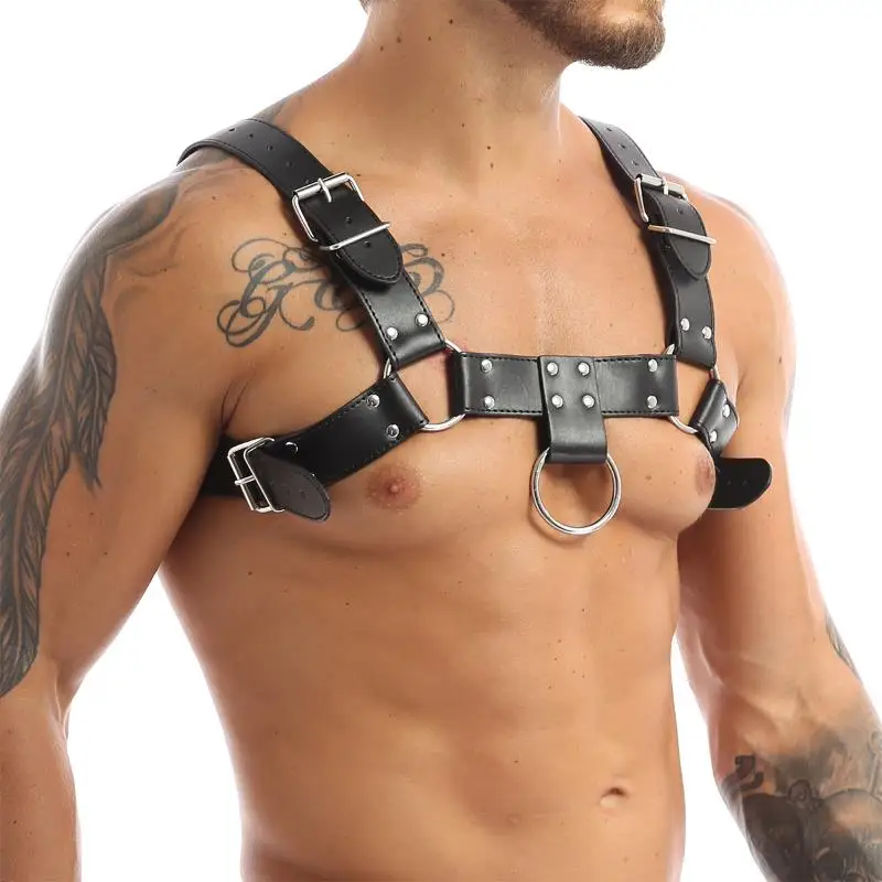 

Gay Rave Harness Men Black Faux Leather Harness Belt Metal Body Chest Punk Gothic Crop Top Hot Sexy Belt Cage Clubwear Sex Toys