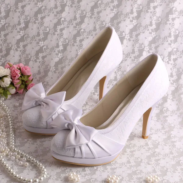 

Wedopus Ivory Lace Shoes Women Heels for Wedding Ladies High Heel Shoes Bows Bride Closed Toe