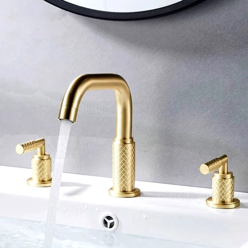

NEW Bathroom Sink Faucet Dual Handle Mixer Black Hot & Cold Water Deck Mounted Tub Faucets Brushed Gold 3 Hole Basin Tap