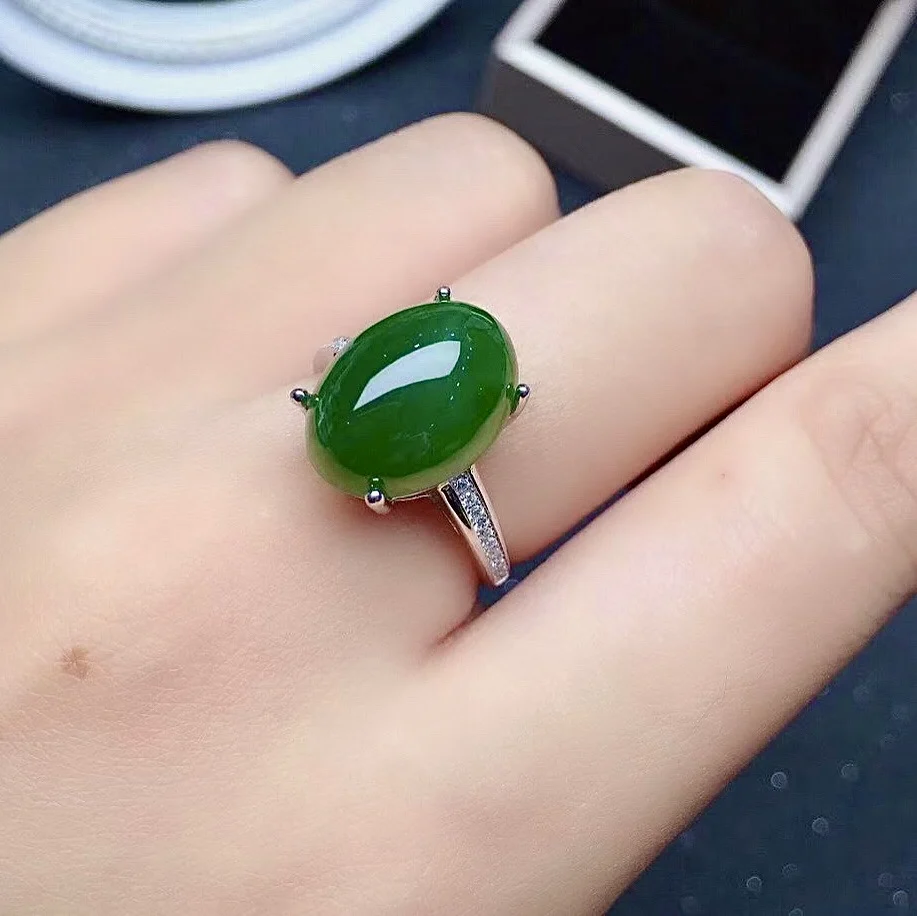 

6ct 10mm*14mm Natural Jade Ring Sterling Silver Green Jade Jewelry 18K Gold Plating Gemstone Ring