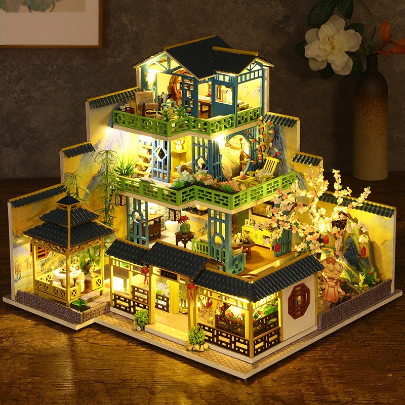 

DIY Wooden Doll Houses Miniature Building Kit Chinese Architecture Dollhouse with Furniture Villa Toys for Adults Birthday Gifts
