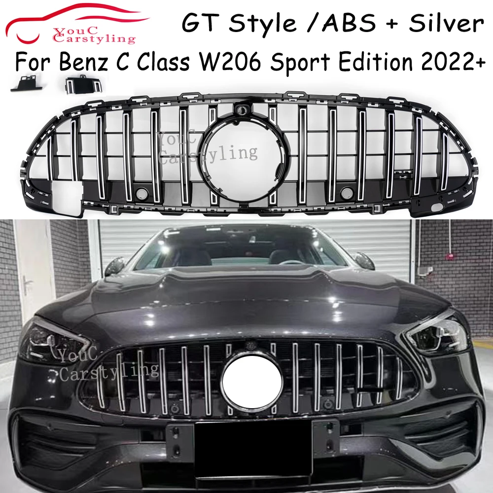 

W206 ABS GT Style Black & Silver Bumper Grille For Mercedes-Benz C-Class W206 C200 C220 C300 Sport Edition 2022+ (Not Fit C63)