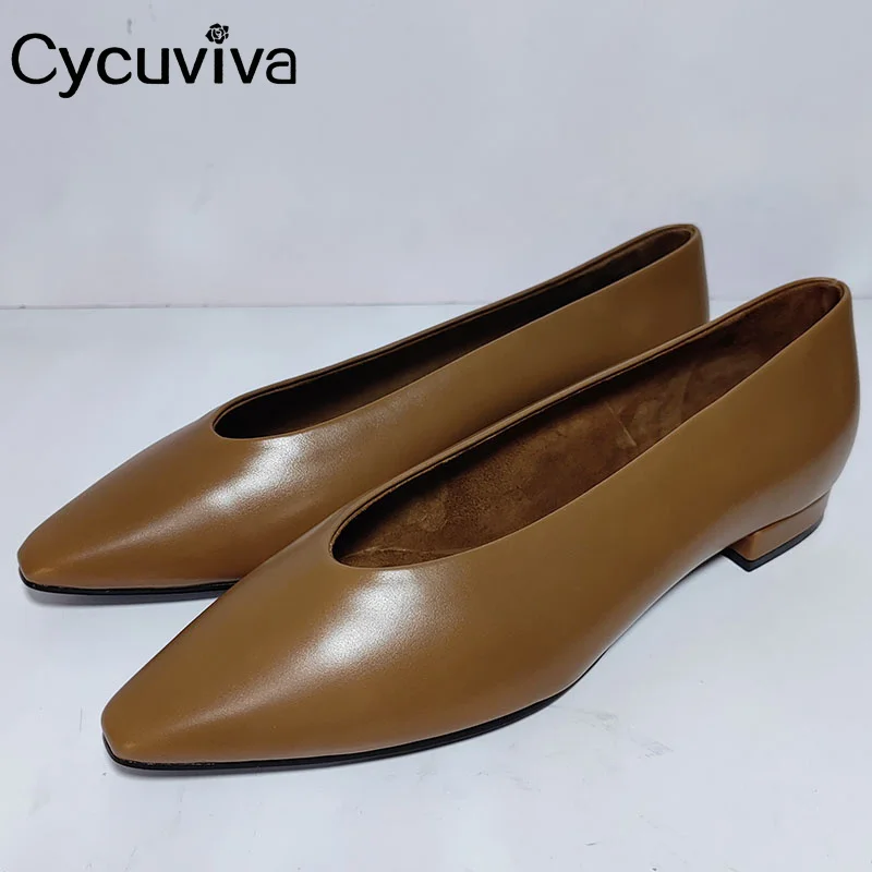 

Real Leather Summer Walk Pumps Point Toe Slip On Loafers Square Heel Dress Shoes Designer Brand Spring Sandalias Mujer