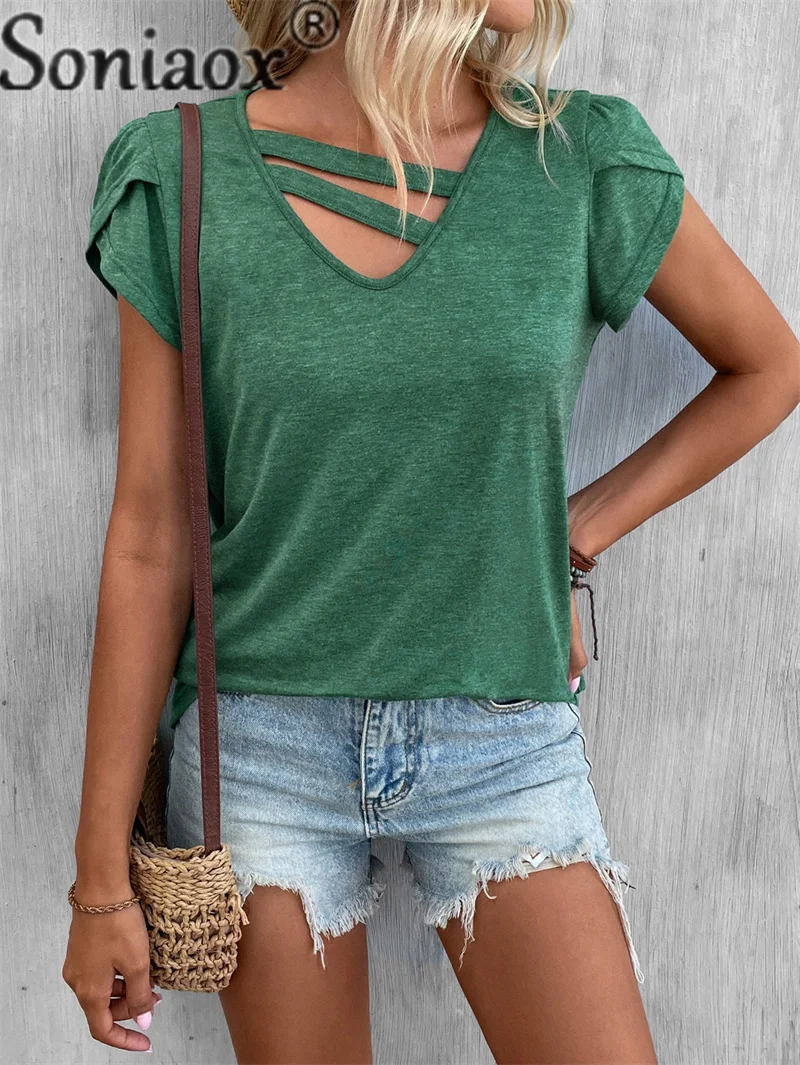 

Summer Casual Petal Sleeve V Neck Splicing Strap Tops Women's Sweet Style Solid Color Loose T-Shirt Female Daily Pullover Tees