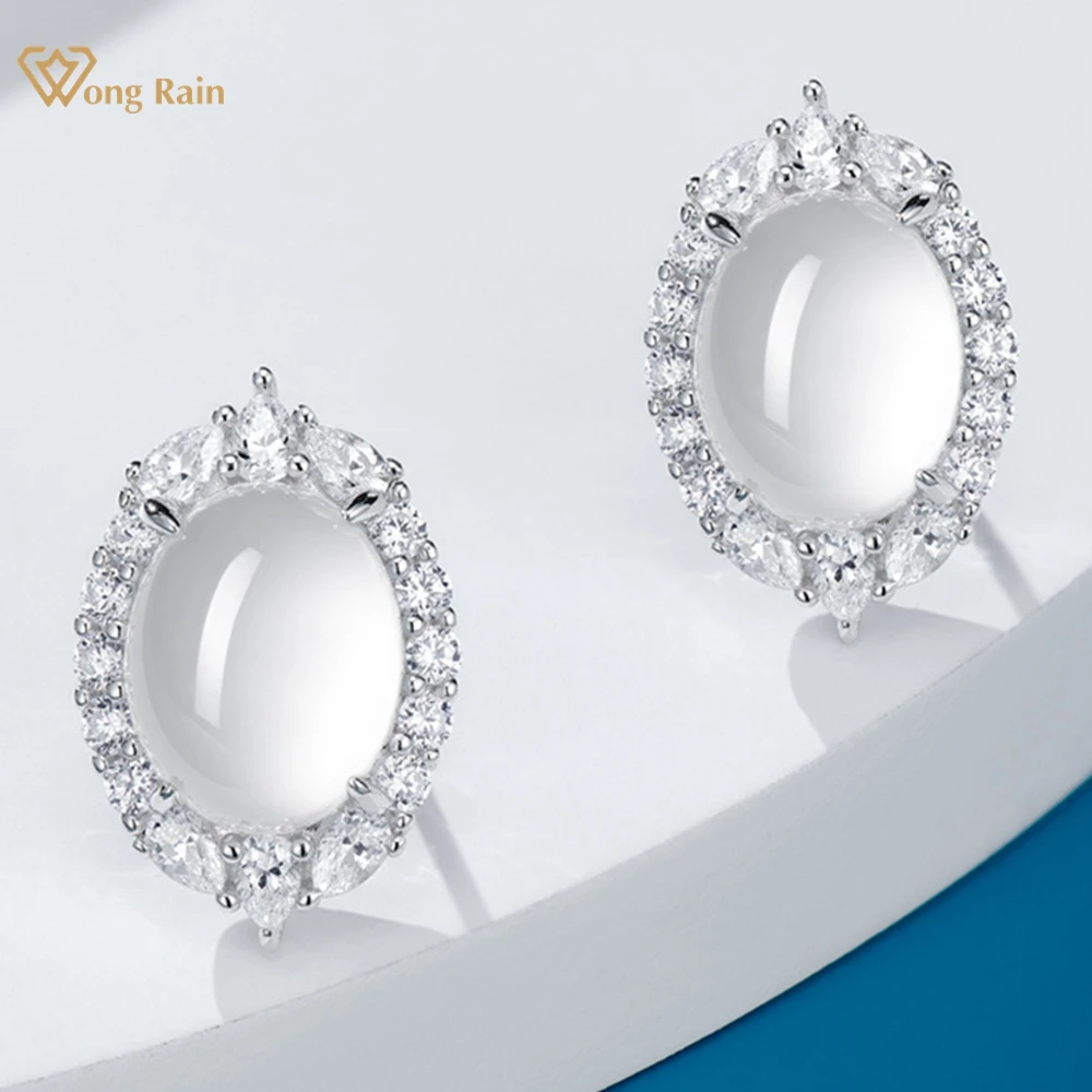 

Wong Rain 100% 925 Sterling Silver 8*10 MM Oval Jade High Carbon Diamond Gemstone Ear Studs Earrings Wedding Party Fine Jewelry