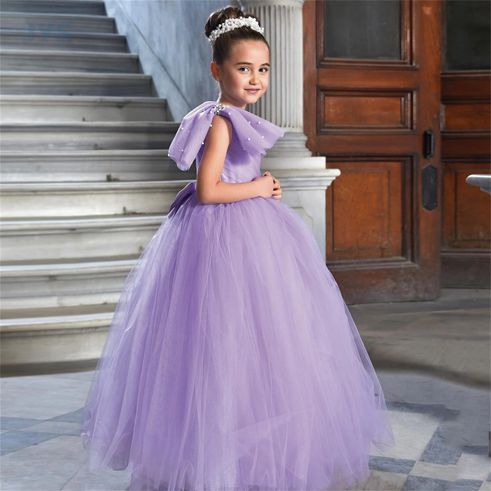 

JYS Lavender Pageant Flower Girl Dress Beautiful One Shoulder Big Bowtie Pearls Soft Tulle Floor Length First Communion Gown