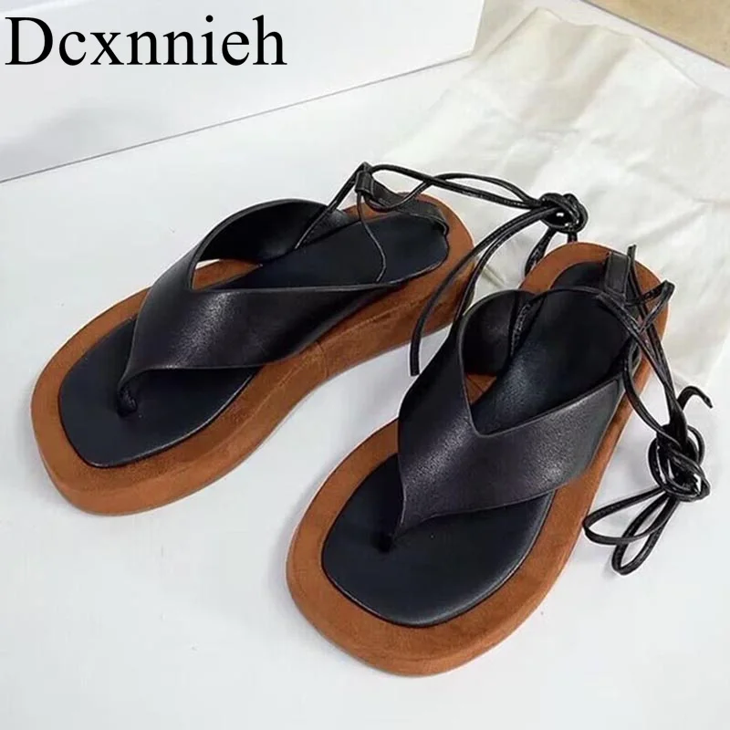 

Summer Flat Thick Bottom Split Toe Sandals Women Genuine Leather Ankle Strap Sandalias Roman Slippers Outdoor Vacation Shoes