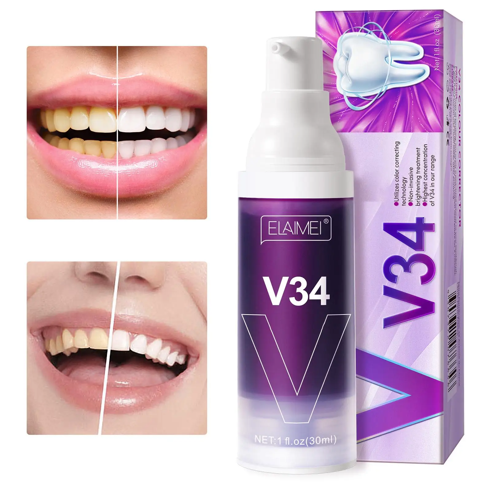 30ml Teeth Whitening Toothpaste V34 Color Tooth Correction Whitener Teeth Purple Non-invasive Whitening Toothpaste Drop Shipping
30ml Teeth Whitening Toothpaste V34 Color Tooth Correction Whitener Teeth Purple Non-invasive Whitening Toothpaste Drop Shipping