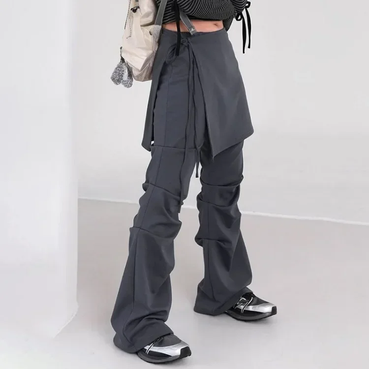 

Fake Two Piece Lace-Up Skirt-Pants Street Flare Pants 2024 Bell Bottom e-girl harajuku fairycore 2000s y2k grunge goth aesthetic