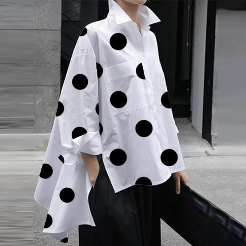 

Bonboho Women's Classic Polka Dot Printed Loose Shirt Tops Lapel Collar Long Sleeves Buttoned Blouses for Female Casual Wears