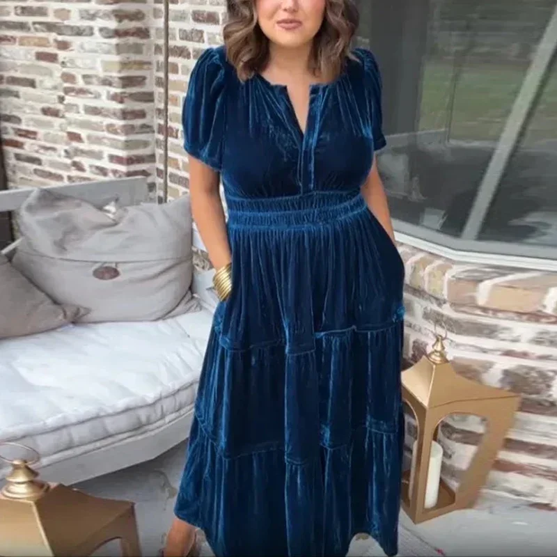 Fashion V Neck Elastic High Waist Loose Hem Maxi Dress Womens Patchwork Pleat Long Robe Casual Short Sleeve Solid Velvet Dresses
Fashion V Neck Elastic High Waist Loose Hem Maxi Dress Womens Patchwork Pleat Long Robe Casual Short Sleeve Solid Velvet Dresses