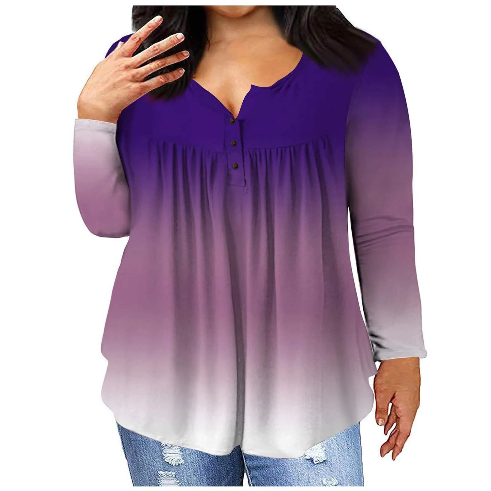 Футболка женская с градиентом, повседневный однотонный топ с глубоким V-образным вырезом, модная свободная плиссированная рубашка на пуговицах, большие размеры, осень
Футболка женская с градиентом, повседневный однотонный топ с глубоким V-образным вырезом, модная свободная плиссированная рубашка на пуговицах, большие размеры, осень