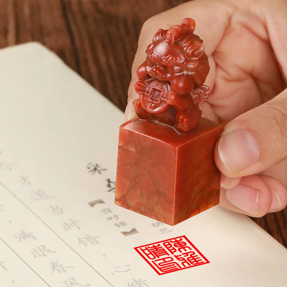 

Red Stone Name Stamp With Inkpad Seal Box Gift Package Calligraphy Painting Signature Custom Chop 25mm Square Dragon Stamps