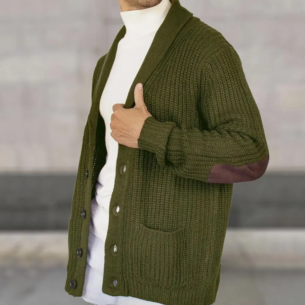 

Faux Suede Spliced Arm Cardigan Thick Warm Knitted Lapel Cardigan Coat with Faux Suede Patchwork for Men Long Sleeve Mid Length