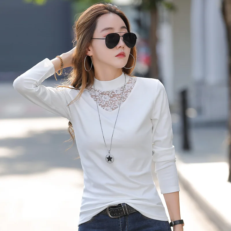 

Autumn Winter New Lace Patchwork Hollowed Out Half High Neck Long Sleeved T-Shirt Women Cotton Skinny Top Casual Fashion