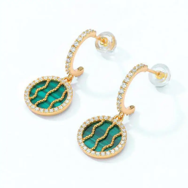 

Natural Malachite Earring S925 Sterling Silver 10k Gold Plated Malachite Crystal Watermelon Dangle Earrings Women Fine Jewelry